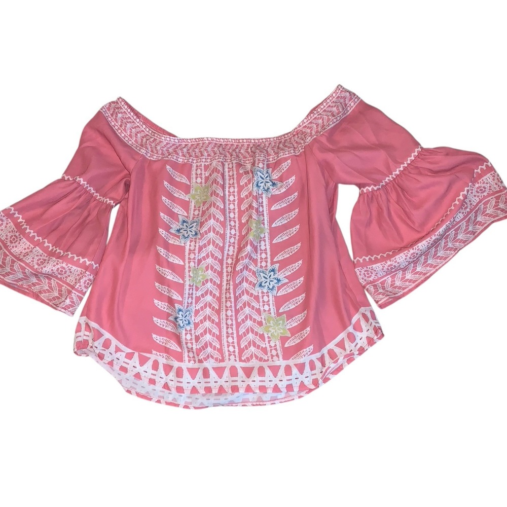 Yahada  Off The Shoulder Top‎ Blouse S Peachy Pink Floral 3/4 Bell Sleeve Boho
